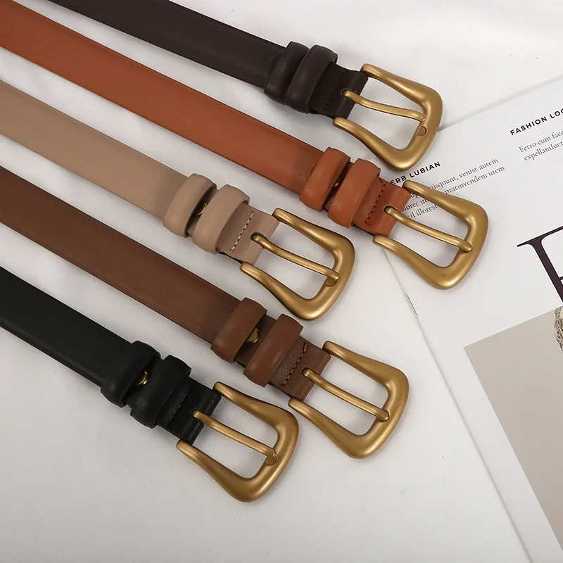 

Women's Vintage Gold Buckle Genuine Leather Cummerbunds Female Dress Corsets Waistband Belts Decoration Narrow Belt TB344