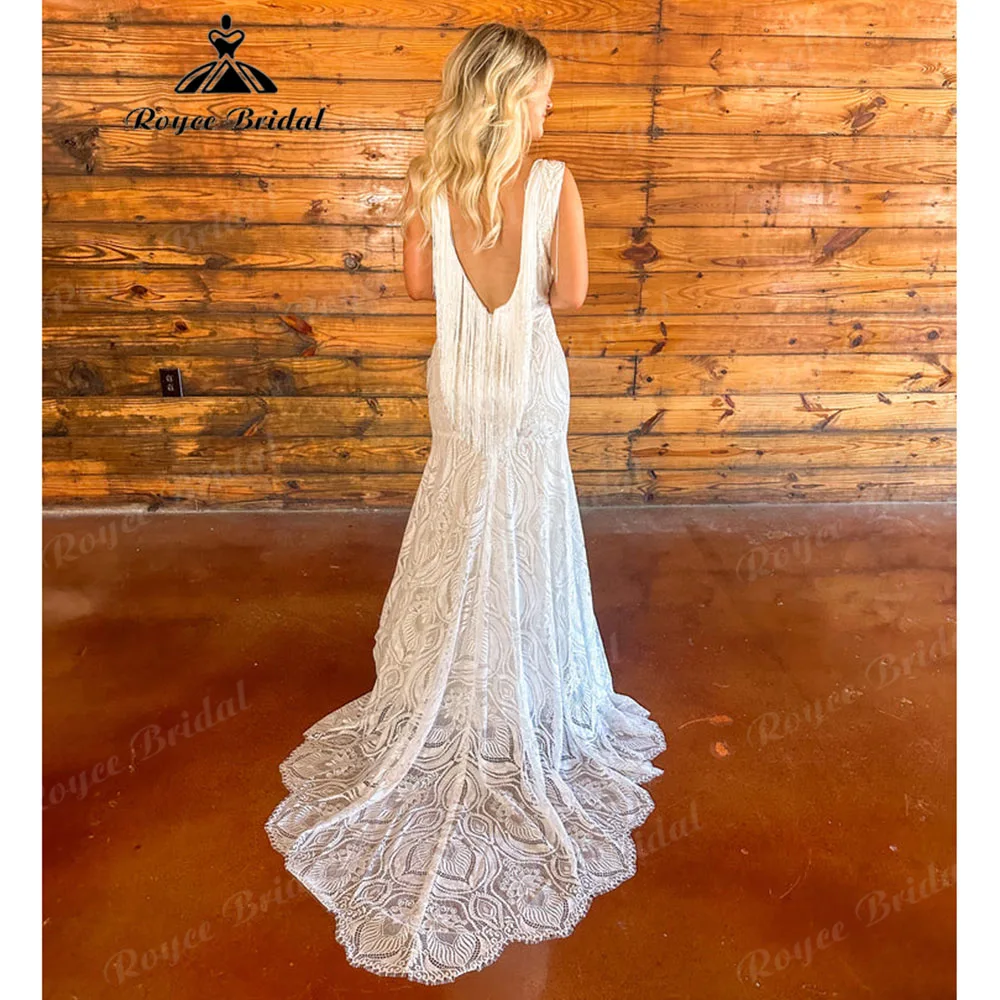 Plunging Mermaid Boho Lace V Neck Backless Tassel Wedding Dress for Women 2025 Customized Bridal Gown vestido noiva sereia