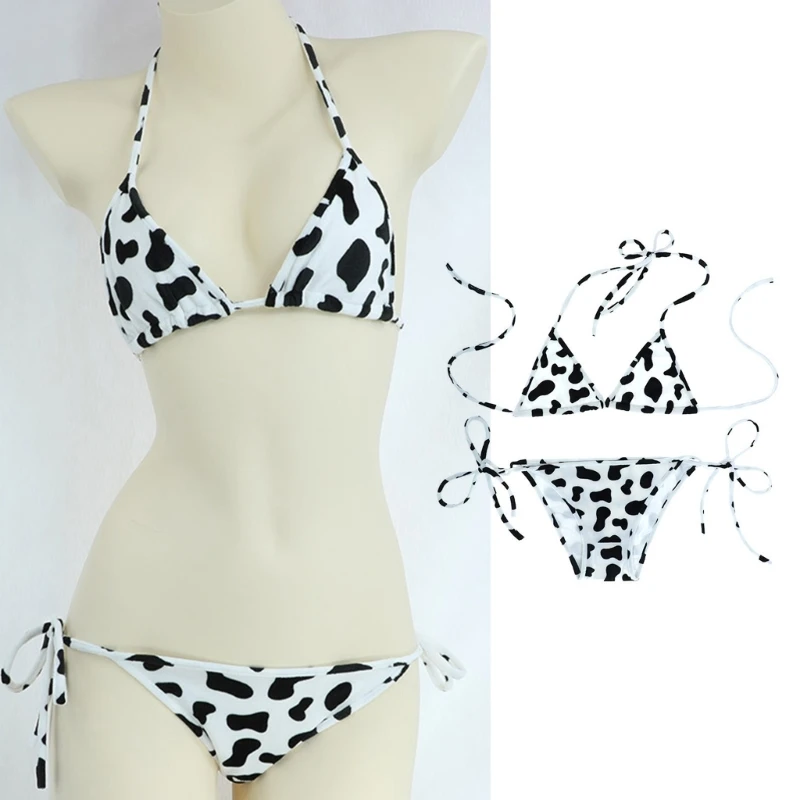 Women Milk Cow Print Set Sexy Mini Halter Bras and Side Tie Panty Outfit