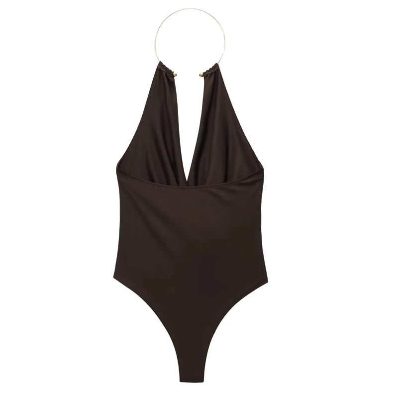 HXAO Halter Neck Bodysuits Sexy Summer Off Shoulder Bodysuit Women Brown Top Ruched Ring Backless Thong Bodysuit Woman One Piece image 3