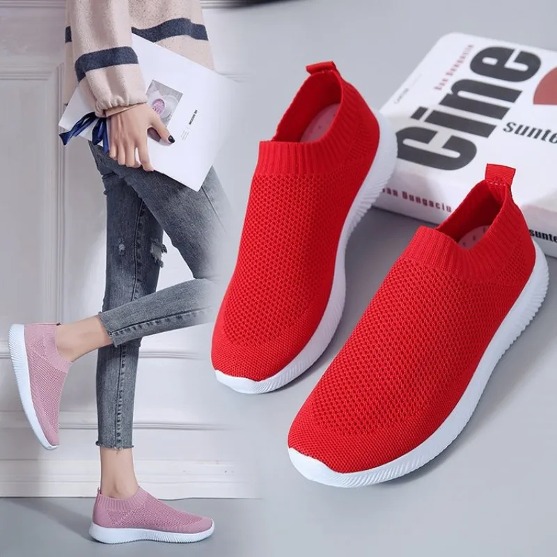 Knitted Sneakers for Women 2022 Autumn Slip on Breathable Mesh Casual Shoes Woman Flat Heels Plus Size Loafers