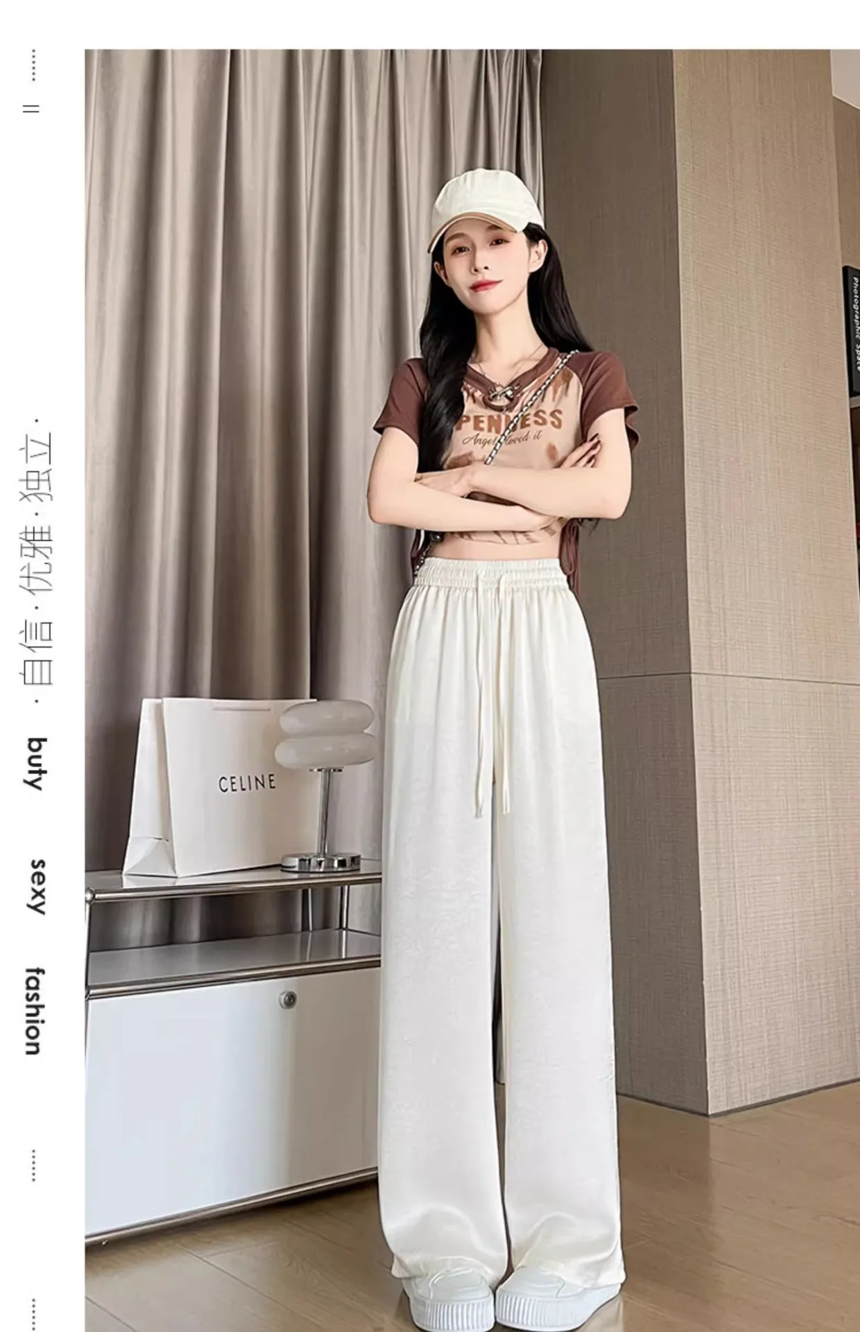 السراويل واسعة الساق الهبي المرأة الخريف الحلو فتاة الاتجاه منتظم صالح مكتب مكان العمل تنفس مشروط السراويل Highstreet عيد الميلاد #3