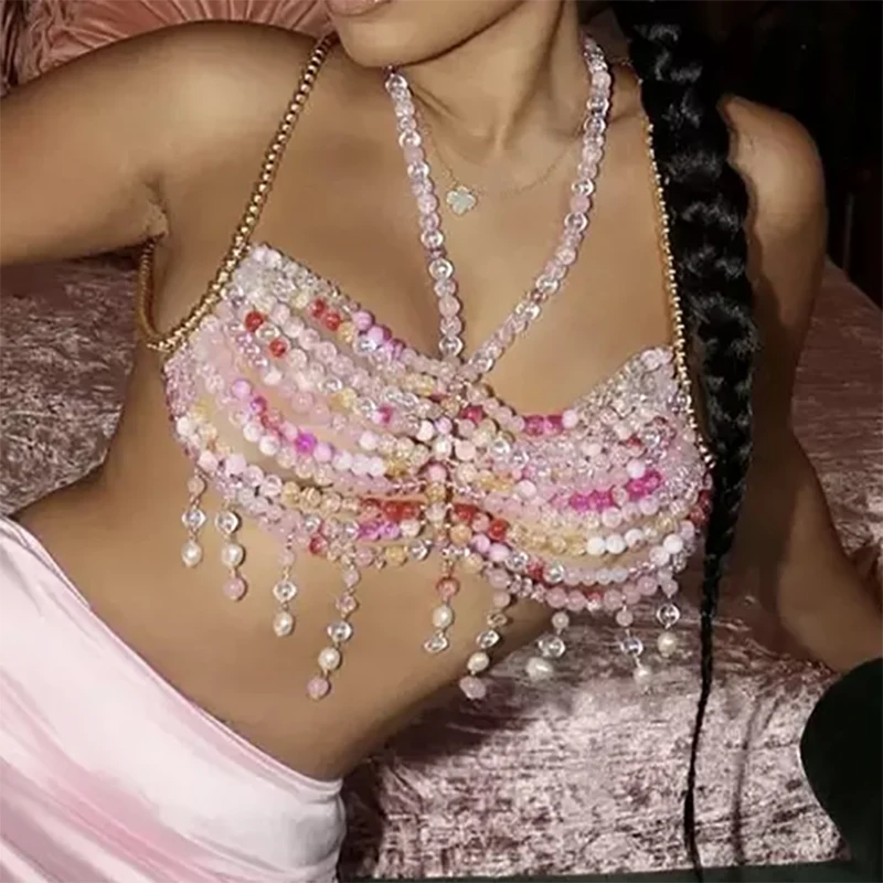 YOUR BUMP CURVE Gradient Crystal Glass Round Beads Hollow Halter Neck Tassel Backless Bra Handmade Club Holiday Party