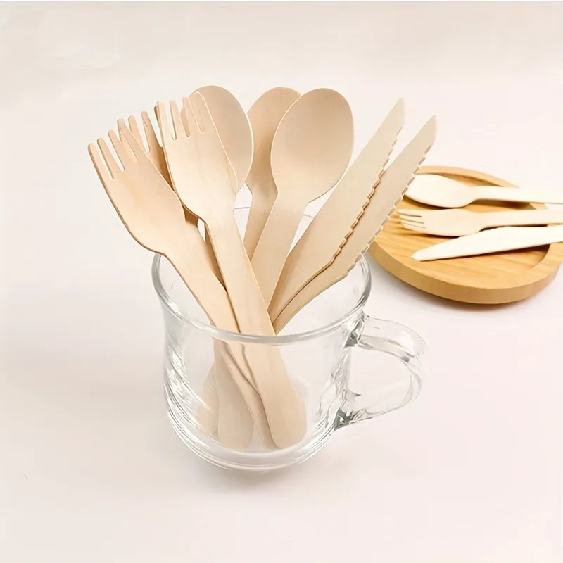 50/100PCS Disposable Wooden Forks Spoons Knives Parties Weddings Cafes Environmentally Friendly Disposable Wooden Tableware