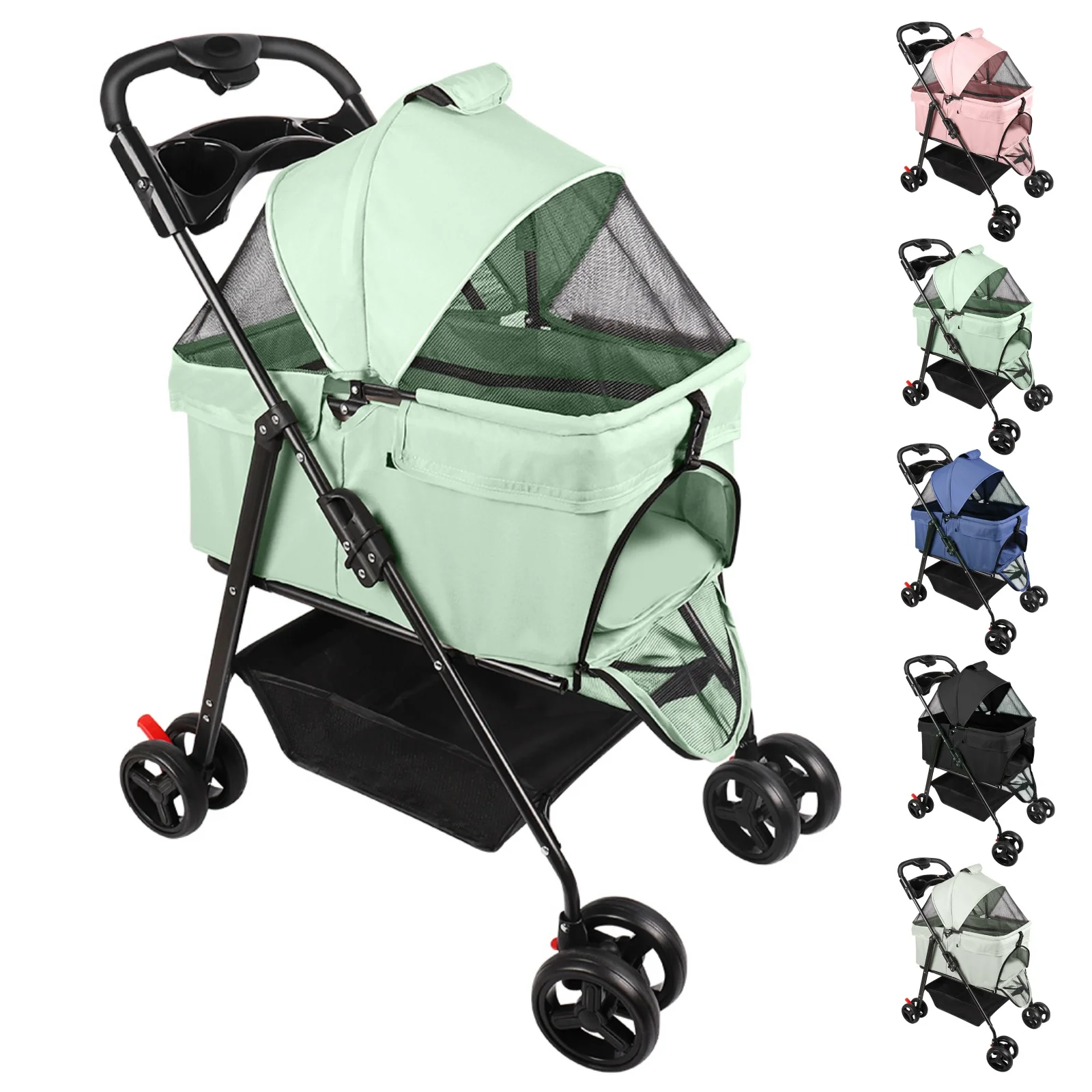 Image of Hunde- und Katzenbuggy mit 4 Rädern, 3-in-1 faltbarer Kinderwagen mit abnehmbarer Babywanne, atmungsaktivem Netz, Aufbewahrungskorb und Getränkehalter, bis zu 15 kg
