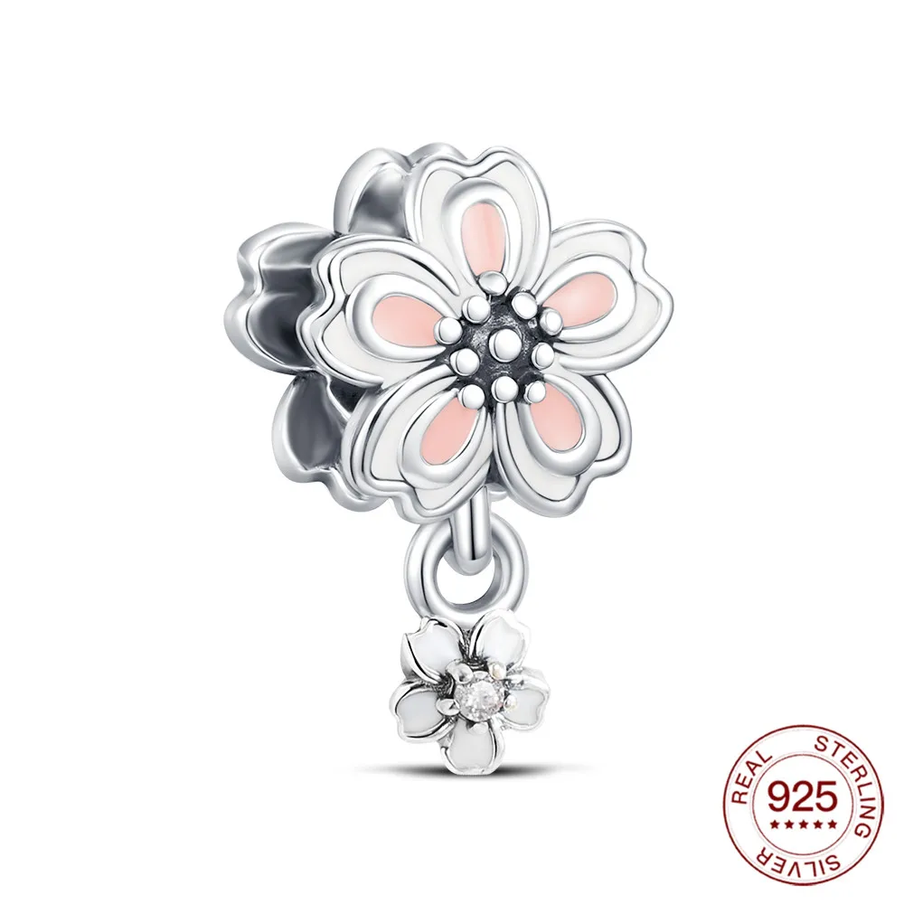 

New 925 Sterling Silver Bead Pink Falling Cherry Blossom Beads Charm Fit Women Snake Chain Charm Bracelet Women Diy Jewelry