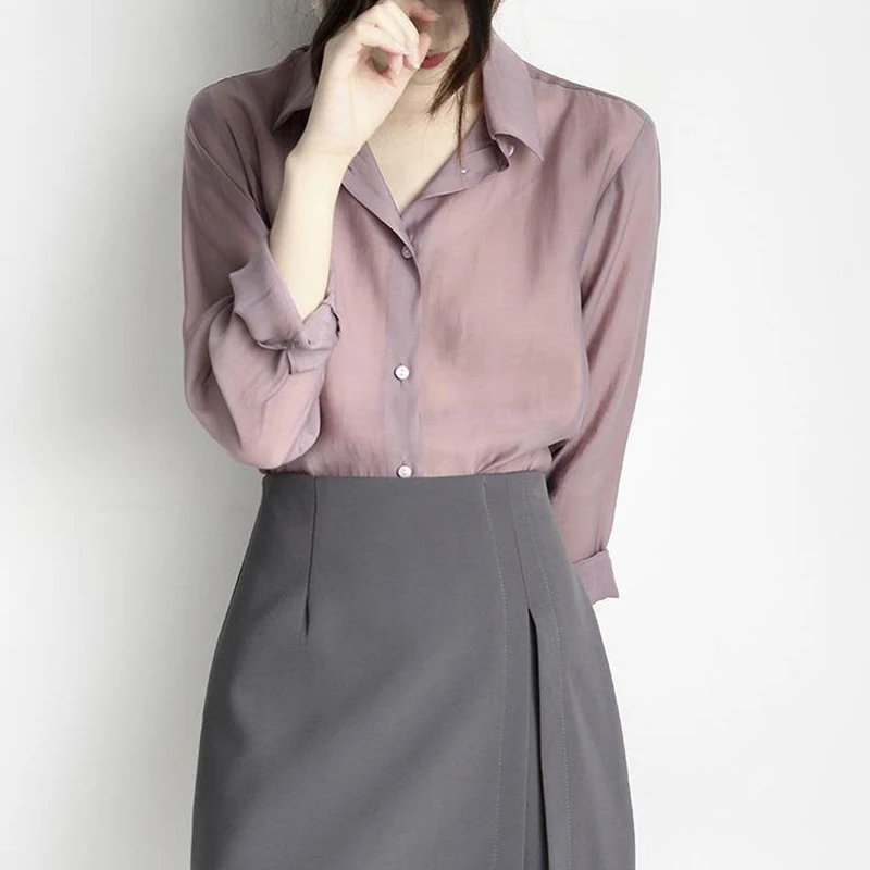 Women Shirts 2022 Feminine Long Sleeve Casual Light Purple Turn-down Collar Shirts OL Style Women Loose Blouses