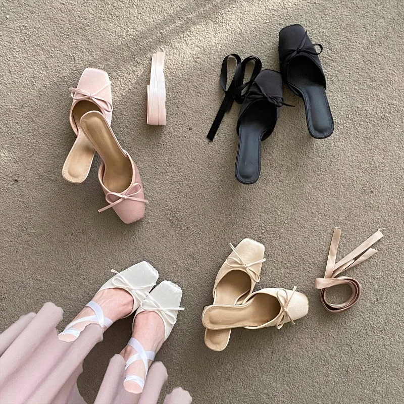 Women's Square Toe Satin Bow Decor Wrap Ankle Strap Slip‑On Stiletto Heel Mule Pumps, Sweet Balletcore Romantic Footwear, Drop