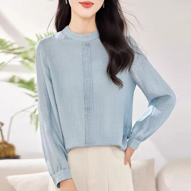 

New 100% Real Silk Blouses for Women Elegant Shirts Office Lady Solid Blouse Long Sleeve Women's Fashion Shirt Loose Tops