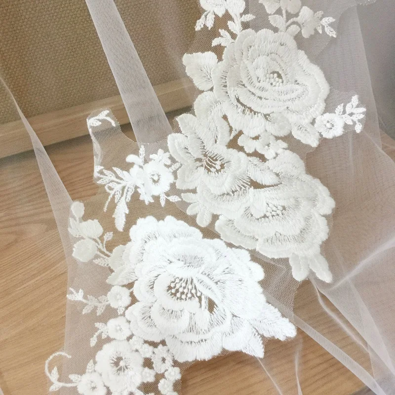 Off White Champagne Border Lace, Mirrored Flowers, Wedding Dress, Shoes, Headdress, DIY Sewing Accessories, Bride, 2 Pcs, 1Pair