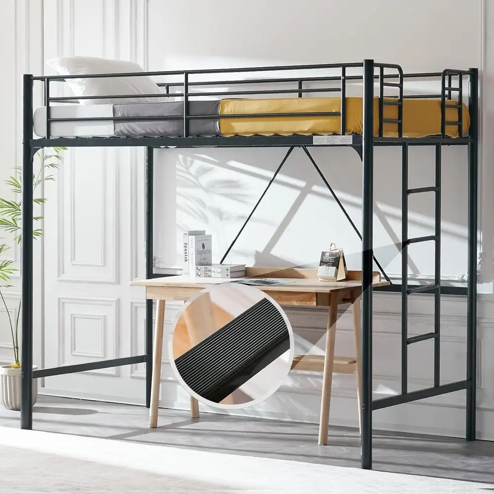 71 Inches Tall Loft Bed Twin Size with Flat Ladder Rung for Kids Teens Adults Heavy Duty Metal Single Bunk Bed Loft