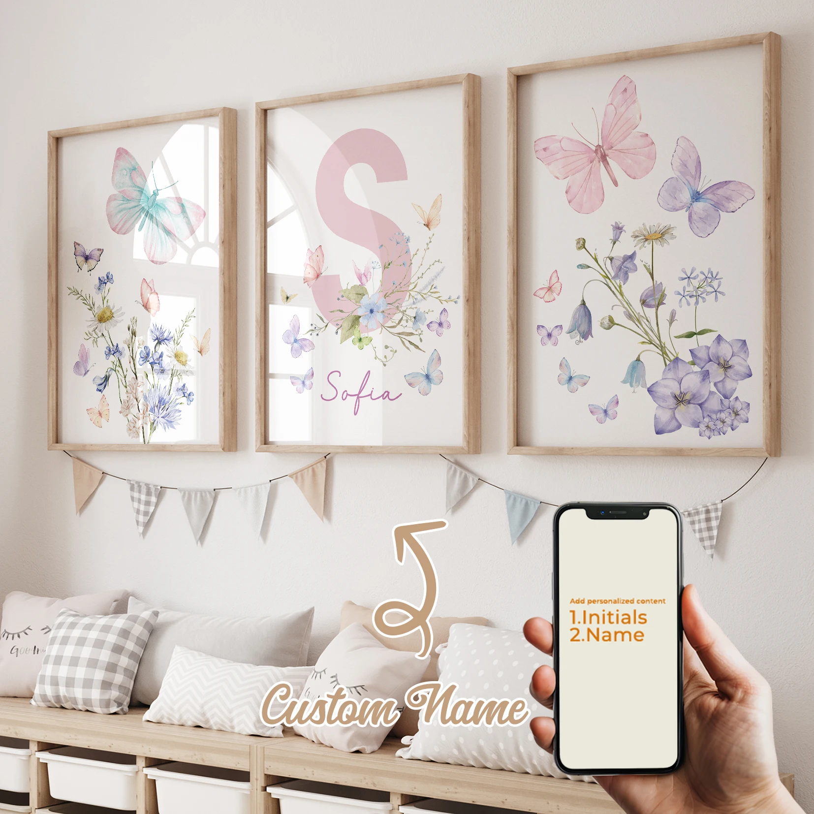

Modern Personalized Name Custom Butterfly Pink Purple Wall Art Print Canvas Painting Poster Picture For Kids Room Home Decor