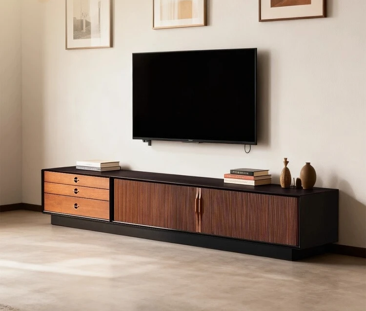 

New medieval style solid wood TV cabinet household floor-to-ceiling wall-to-wall small apartment storage cabinet