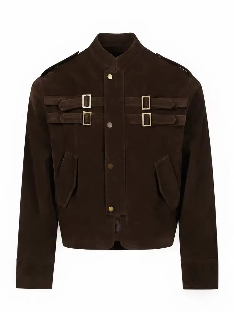 Vintage Stand Collar Suede Jacket For Women Coffee Color Loose Casual Zipper Coat Autumn Female Outerwear