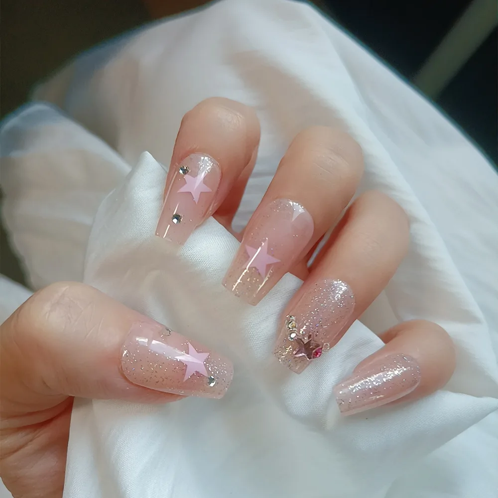 

24Pcs Mid-length Ballet False Nails with Shiny Powder Rhinestone Design Fake Nails Press on Star Pattern Reusable Manicure Tips