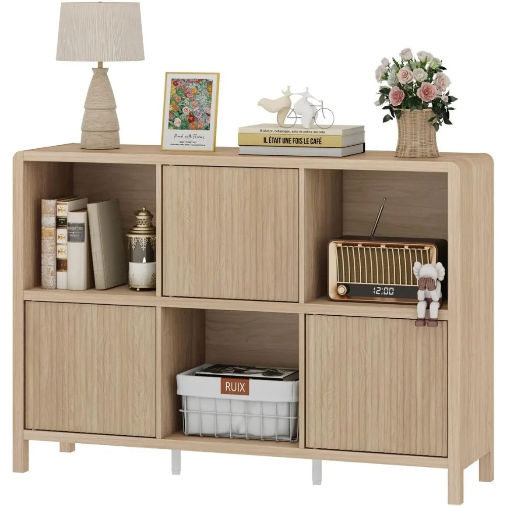رف كتب خشبي أفقي حديث مع 3 أبواب، خزانة كتب حجيرة للتخزين للمكتب المنزلي، لون فاتح