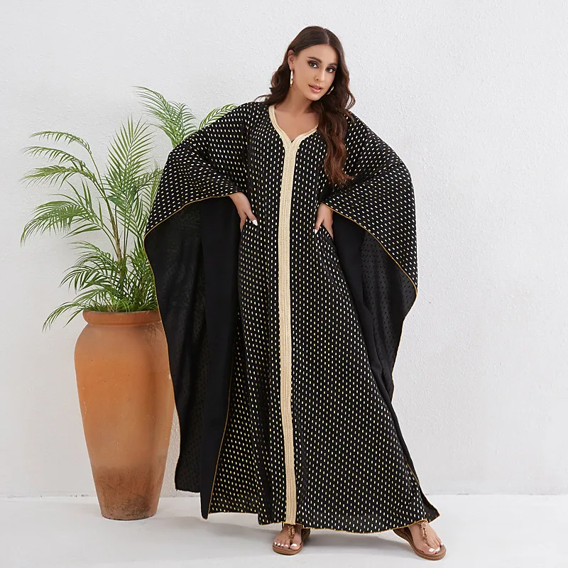 Muslim Gold Plated Ribbon Fashion Bat Sleeves Muslim Robe Dress