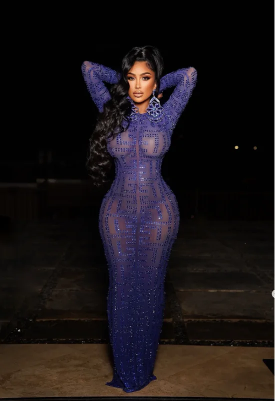 See Through Mesh Dance Performance Stretch Transparent Costume Blue Full Rhinestones Evening Shining Long Dress Stage Wear