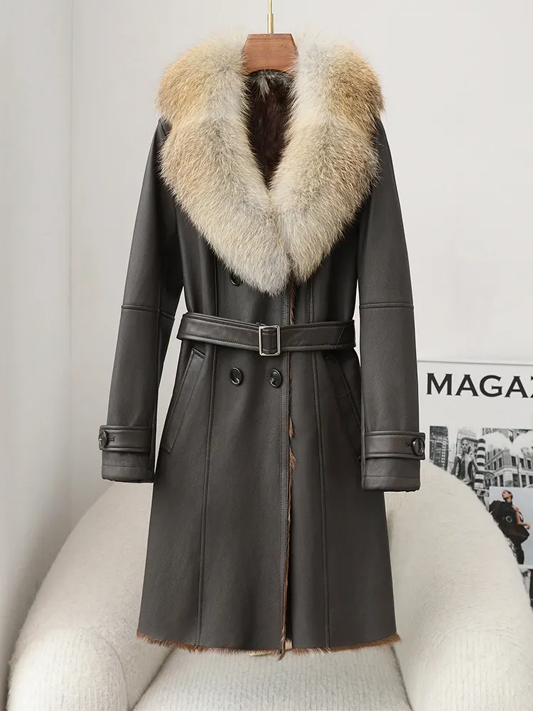 Speciale uitverkoop: Originele geïntegreerde jas van ecologisch bont voor dames, halflange lamsvachtjas met vossenbontkraag
