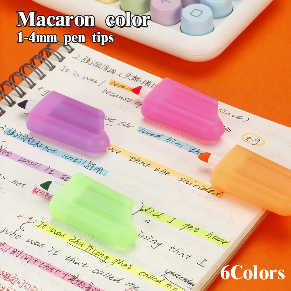 6 Pcs/Set Cute Ice Cream Shape Highlighters - Non-bleeding - For Study & Meeting Notes,Office & School Stationery.