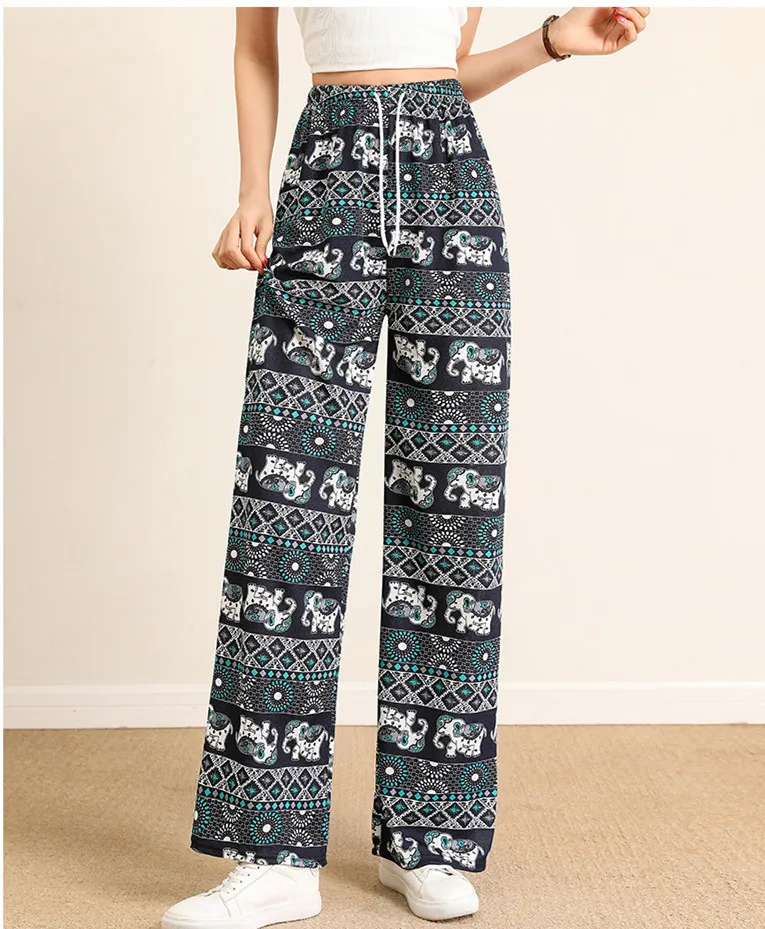 Neue Mode Lässig Hohe Taille Gerade Druck Lose Fit Flache Elastische Taille Kordelzug Bodenlangen Hosen Für Frauen, 9 farben