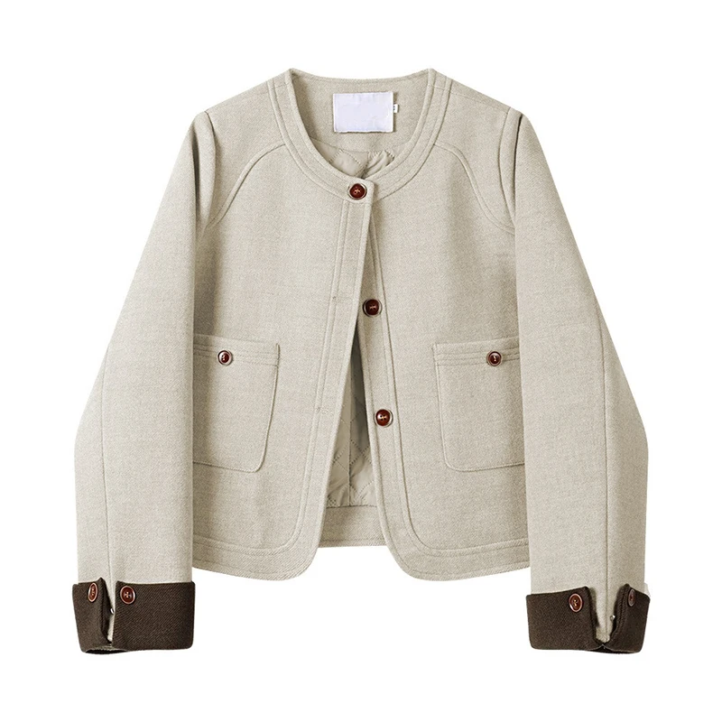 خمر الصوف يمزج معاطف النساء أنيقة اقتصاص المرقعة مبطن سترة صوفية الشتاء السيدات الكورية طويلة الأكمام ملابس خارجية جديد