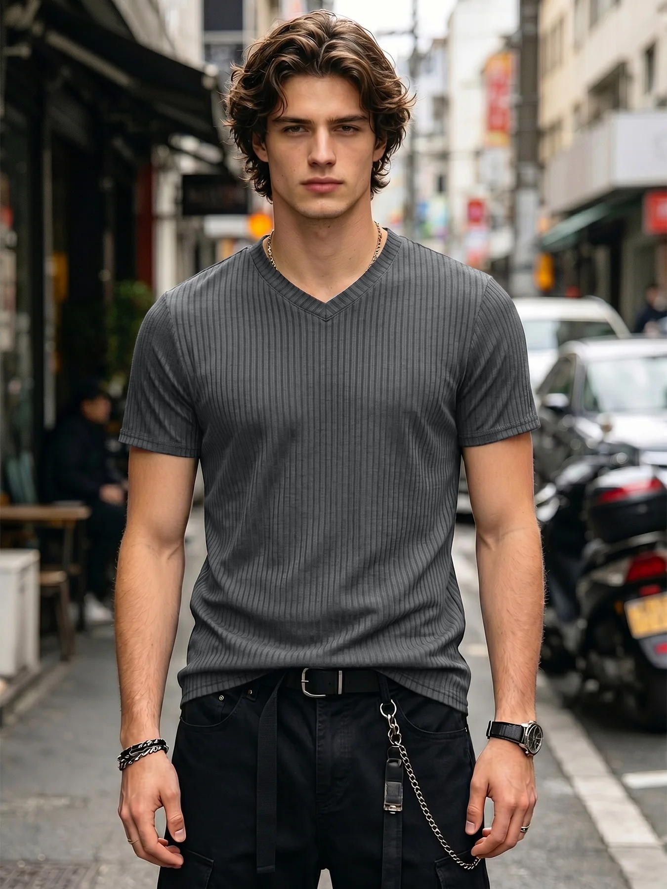 Herren Vertikal Geripptes V-Ausschnitt T-Shirt Slim Fit Atmungsaktiv Schnelltrocknend Stretch-Strick Lässige Streetwear Kurzarm-Pullover