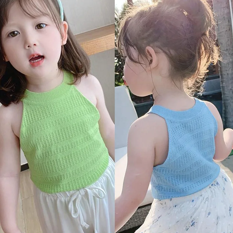 Girl's Summer Sleeveless Round Neck Casual Baisc Tops Cute Sports Chic Casual Solid Color Top Clothes Korean Fashion T-shirt