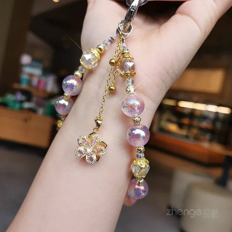 Mobile Phone Chain Luxury Dream Beads Pink Beaded Mobile Phone Lanyard Women\'s Advanced Sense of Crystal Flower Pendant