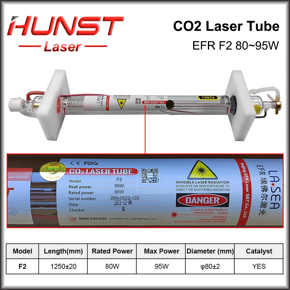 HUNST EFR 80W CO2 Laser Tube Diameter 80mm Laser Light Length 1250mm Laser Tube Suitable For Laser Engraving And Cutting Machine