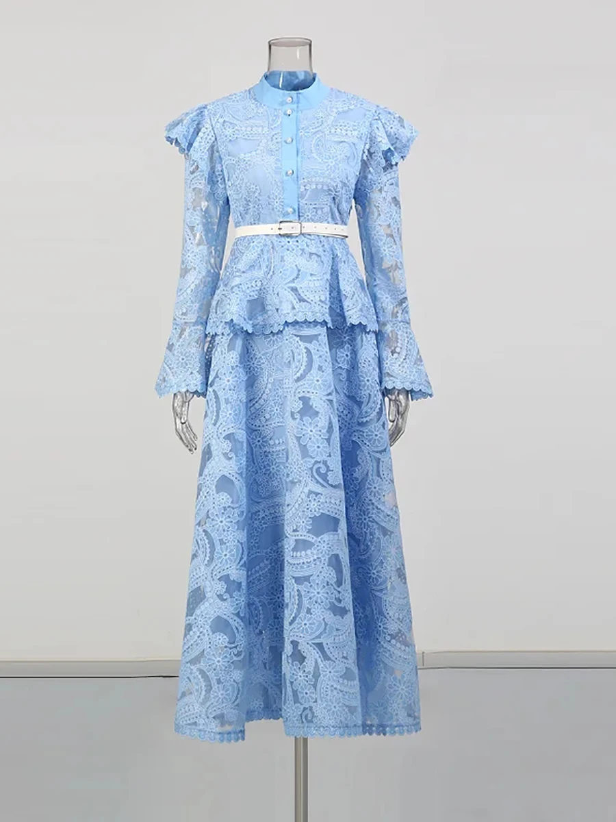 TWOTWINSTYLE Wyszczuplające Sukienki z Nadrukiem, Przezroczystymi Wstawkami i Falbankami dla Kobiet, Stójka, Długie Rękawy, Wysoki Stan, Elegancka Sukienka Damska