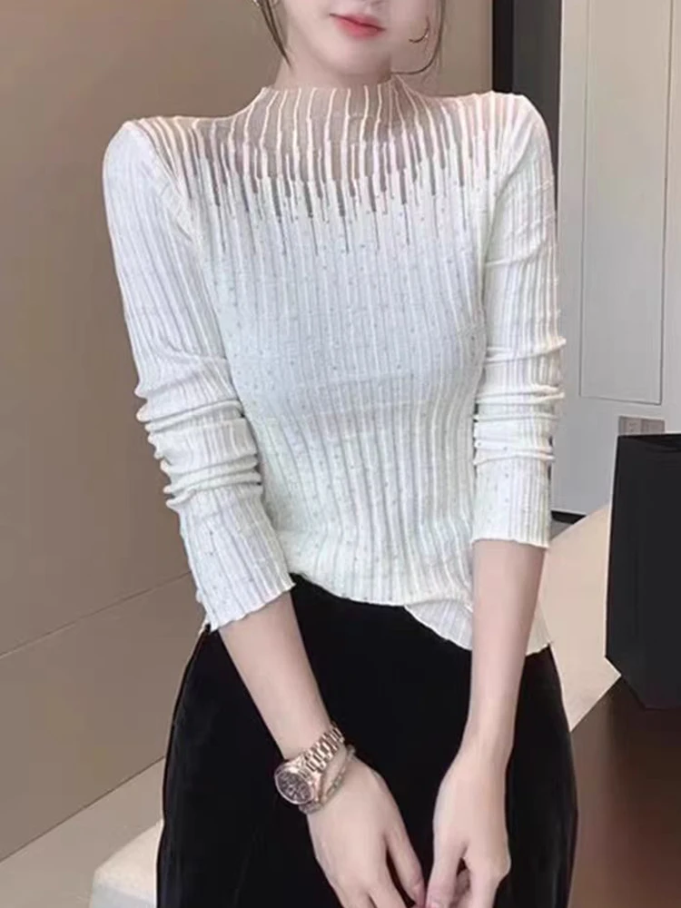 2024 Fall Winter Clothes Knitted Mock Neck Sweater Chic Sexy Hollow Out Patchwork Shiny Diamonds Women Long Sleeve Tops 312076