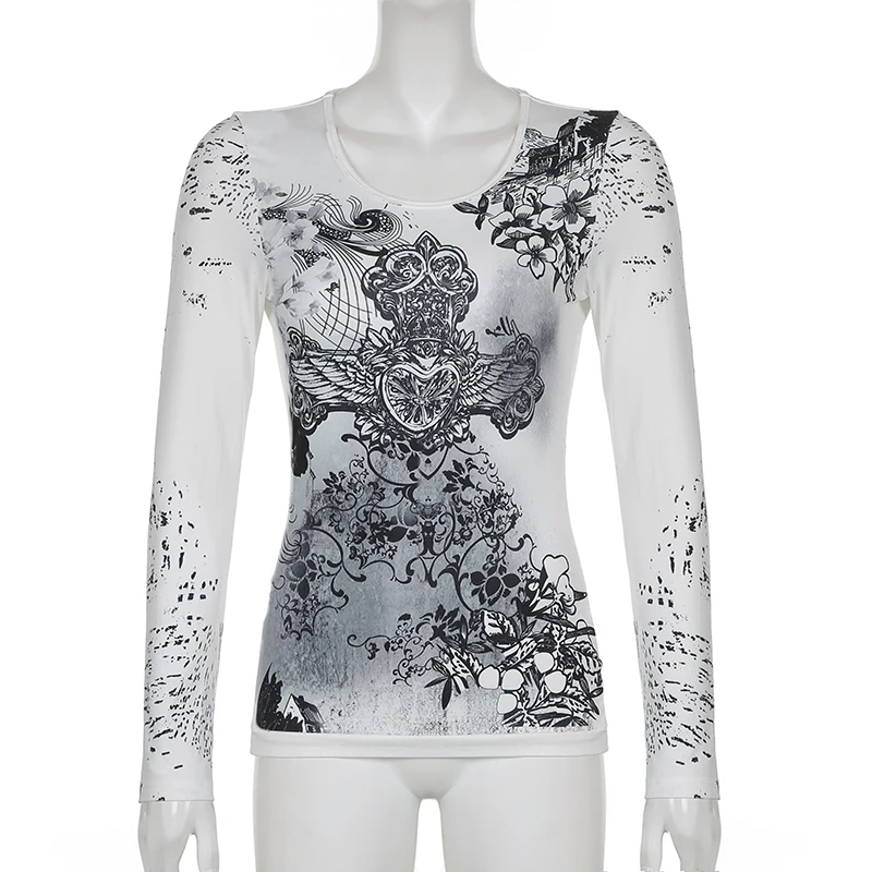 Camiseta con estampado gráfico de diamantes de imitación para mujer, jerséis Retro Harajuku Fairycore Grunge ajustados, camisetas y2k estéticas Vintage góticas Tos