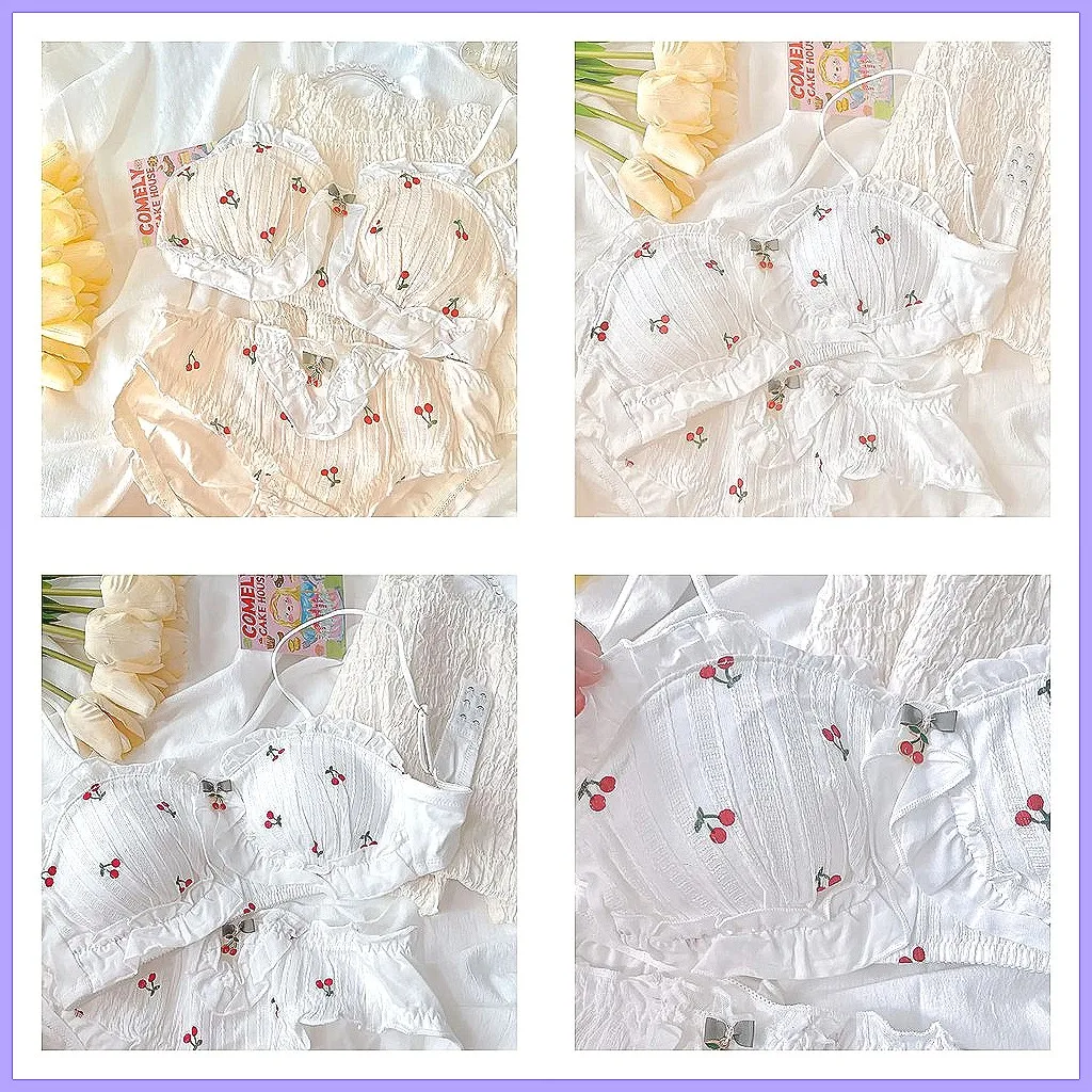 

Cute Cherry Lace Lingerie Set: Soft Cotton Bralette & Panties, No Underwire, Sweet & Comfortable