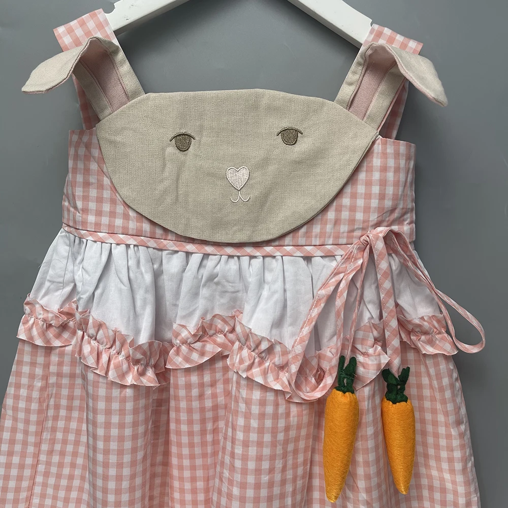Children Boutique Clothing Summer Girl Cotton Pink Plaid Sleeveless Dress Supper Cute Bunny Radish Skirt Baby Outfit For 18m-6T