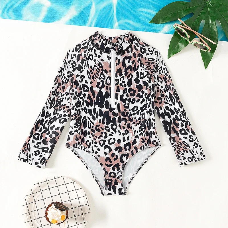 Leopard Swimming One Piece Suit for Girls 2-8 Years Children Swimwear Long Sleeve Beach Swimsuits Kids Bathing Suits Hot Spring