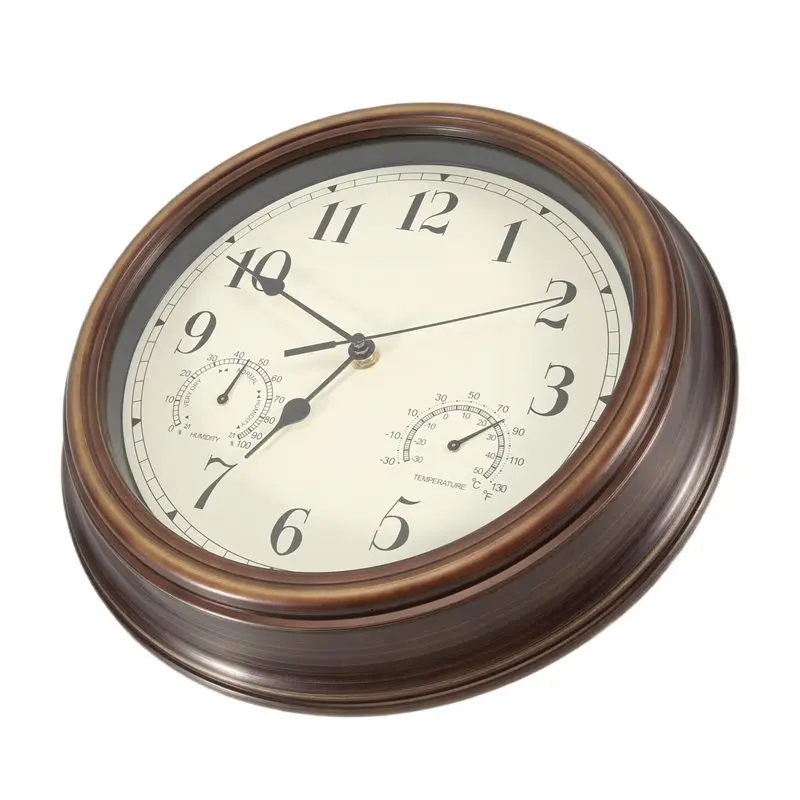 B62B-12Inch Wall Clock,Retro Waterproof Clock With Displays Thermometer&Hygrometer,Noise-Free Clock For Indoor/Outdoor