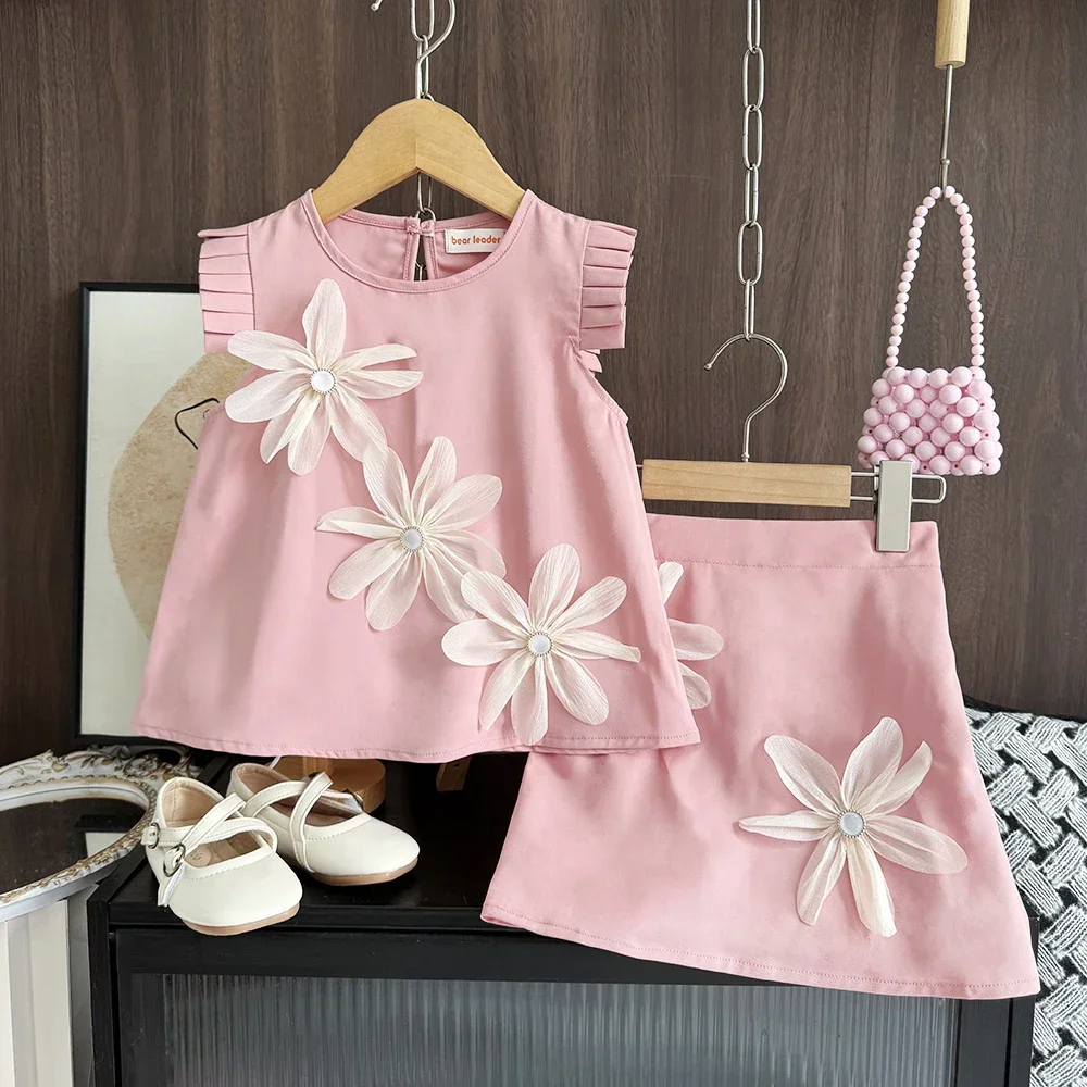 Pink Three-dimensional Flower Vest Top+short Skirt Two-piece Set for Girls' Casual Suit for Children Aged 4-7 Summer Promotion