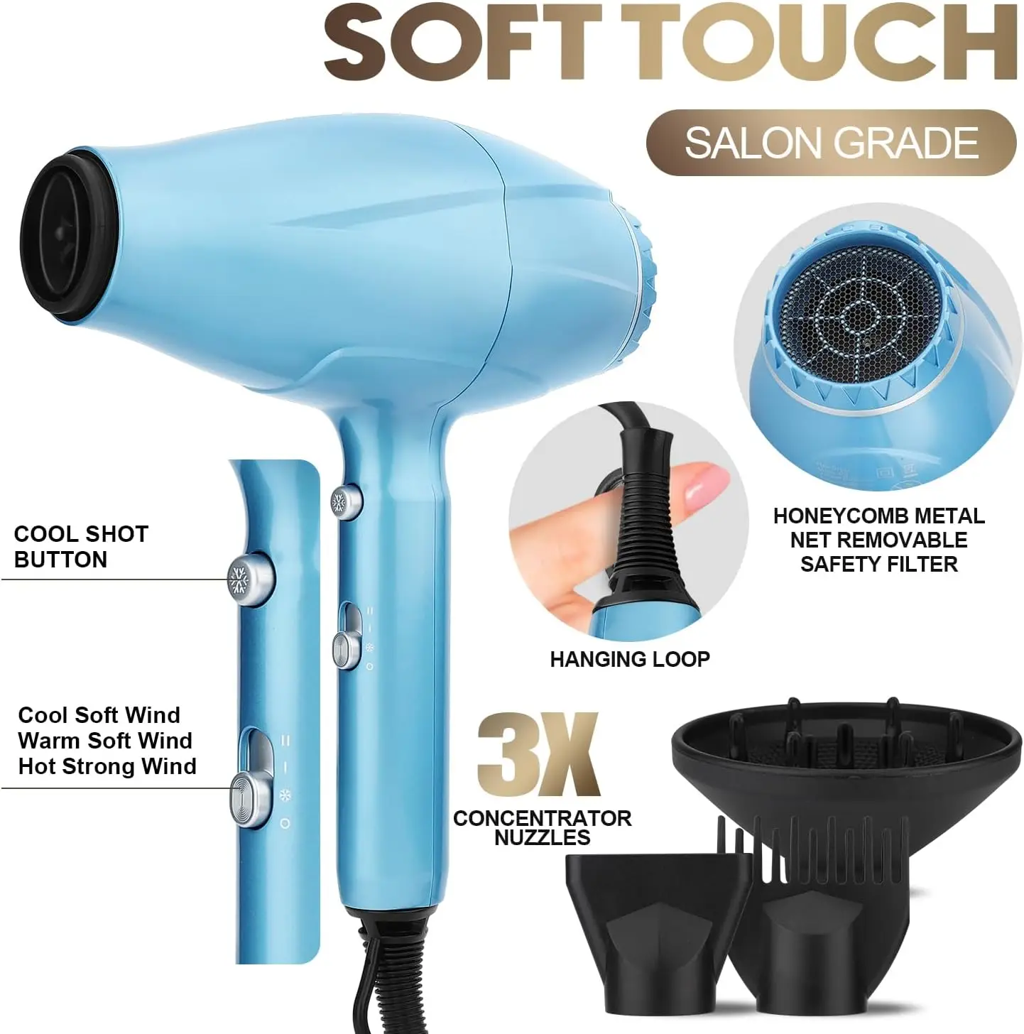 Hair Dryer and Flat Iron Set, 2200W AC Motor Ionic Blow Dryer for Fast Drying and Low Noise, Includes Diffuser Nozzle and Concentrator