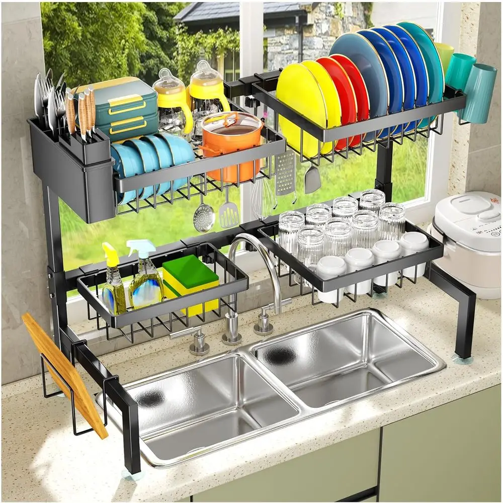 

4 Baskets Over The Sink Dish Drying Rack, Exble Large acity Sink Rack, Metal Drying Rack Saving Space,or Most Sinks (26.57"-35")