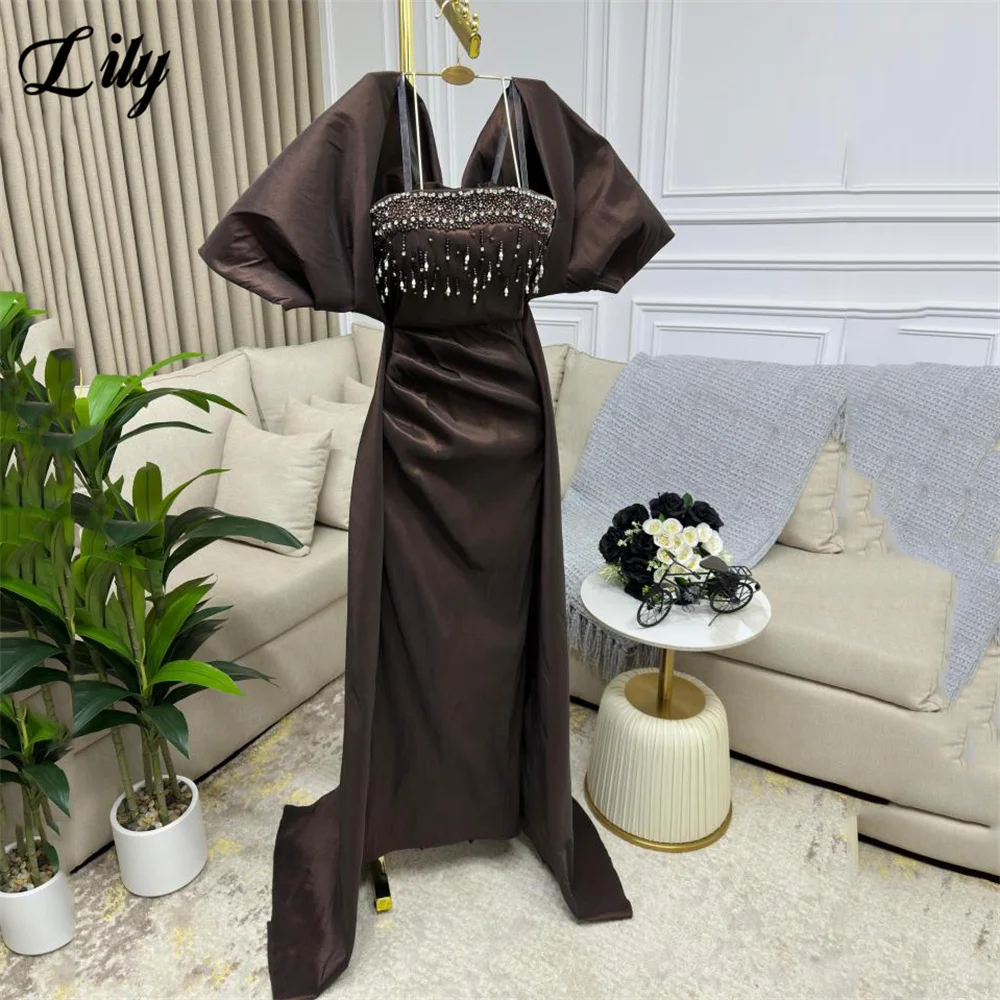 Vestido de fiesta de sirena Lily Brown, vestido de celebridad sin tirantes, corpiño con cuentas, vestidos de Gala, mangas dramáticas, vestido de noche personalizado