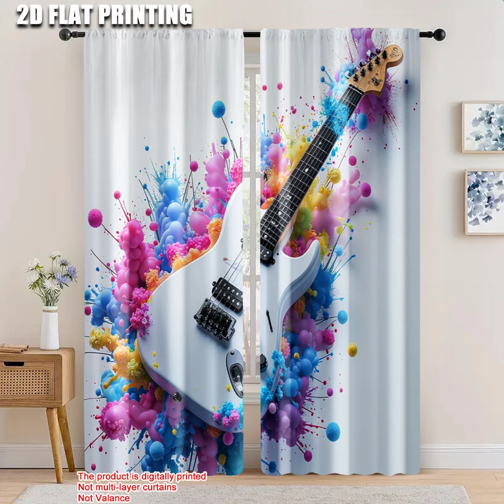 

2pcs, 2D flat printing Party Curtains Graffiti guitar Polyester,Without Electricity Family Party Suitable for room decor