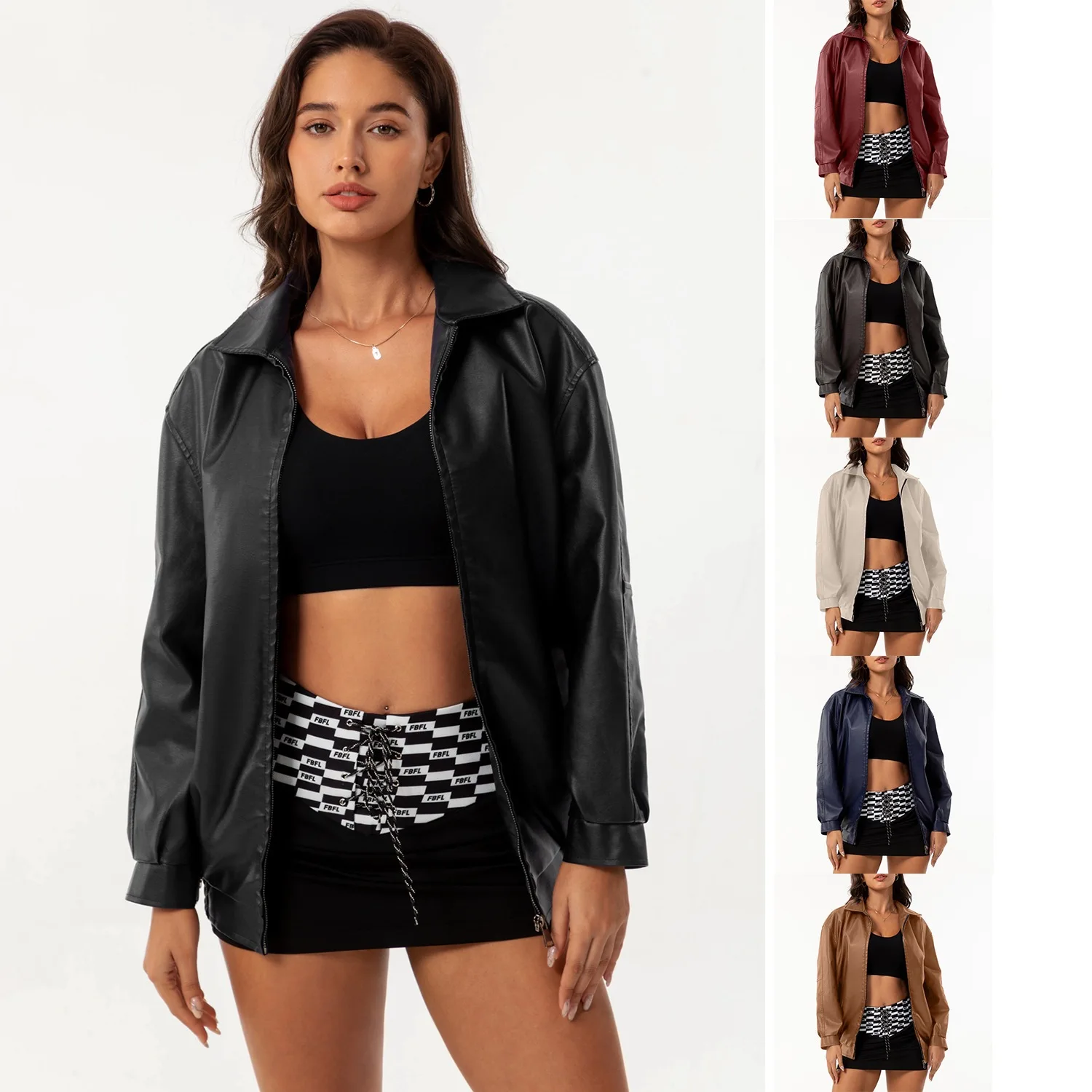 

Loose Women's Autumn Leather Jacket Turn Down Collar Zipper Pckets Long Sleeve Female Coat Pilot Motorcycle Outwear For Lady