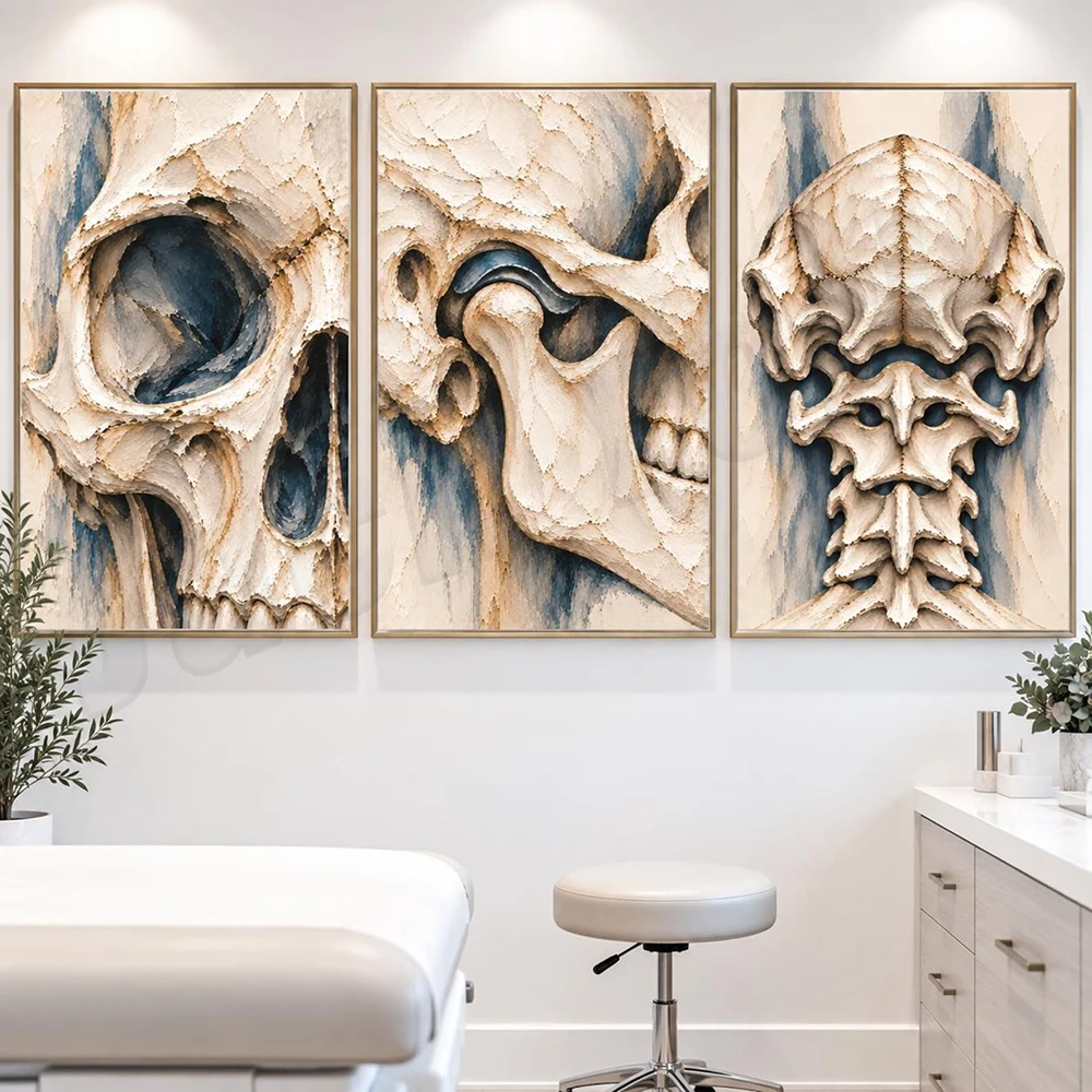 Anatomical skull, temporomandibular joint (TMJ) diagram, occipital bone study, cranium, spinal art, chiropractic clinic poster