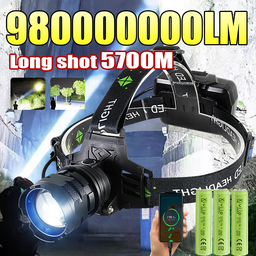 

980000000LM Ультра яркая фара, светодиодный мощный налобный фонарь 18650, уличный налобный фонарь для кемпинга, перезаряжаемый налобный фонарик