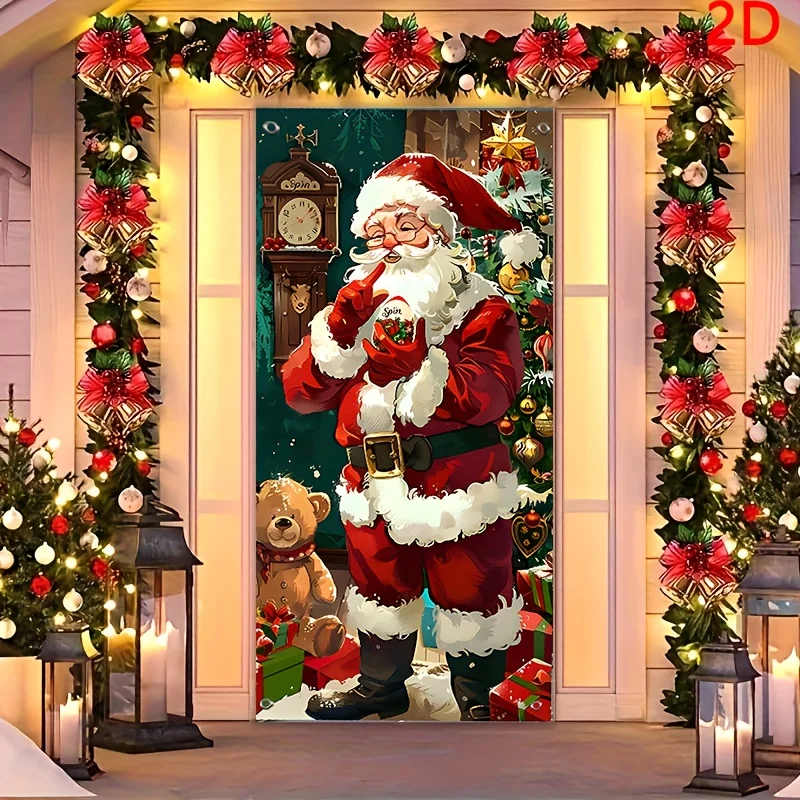 خطة ثنائية الأبعاد، تصميم ستارة باب العطلة الكلاسيكية لسانتا كلوز، أكاليل الزهور الحمراء والخضراء مع إضاءة ملونة