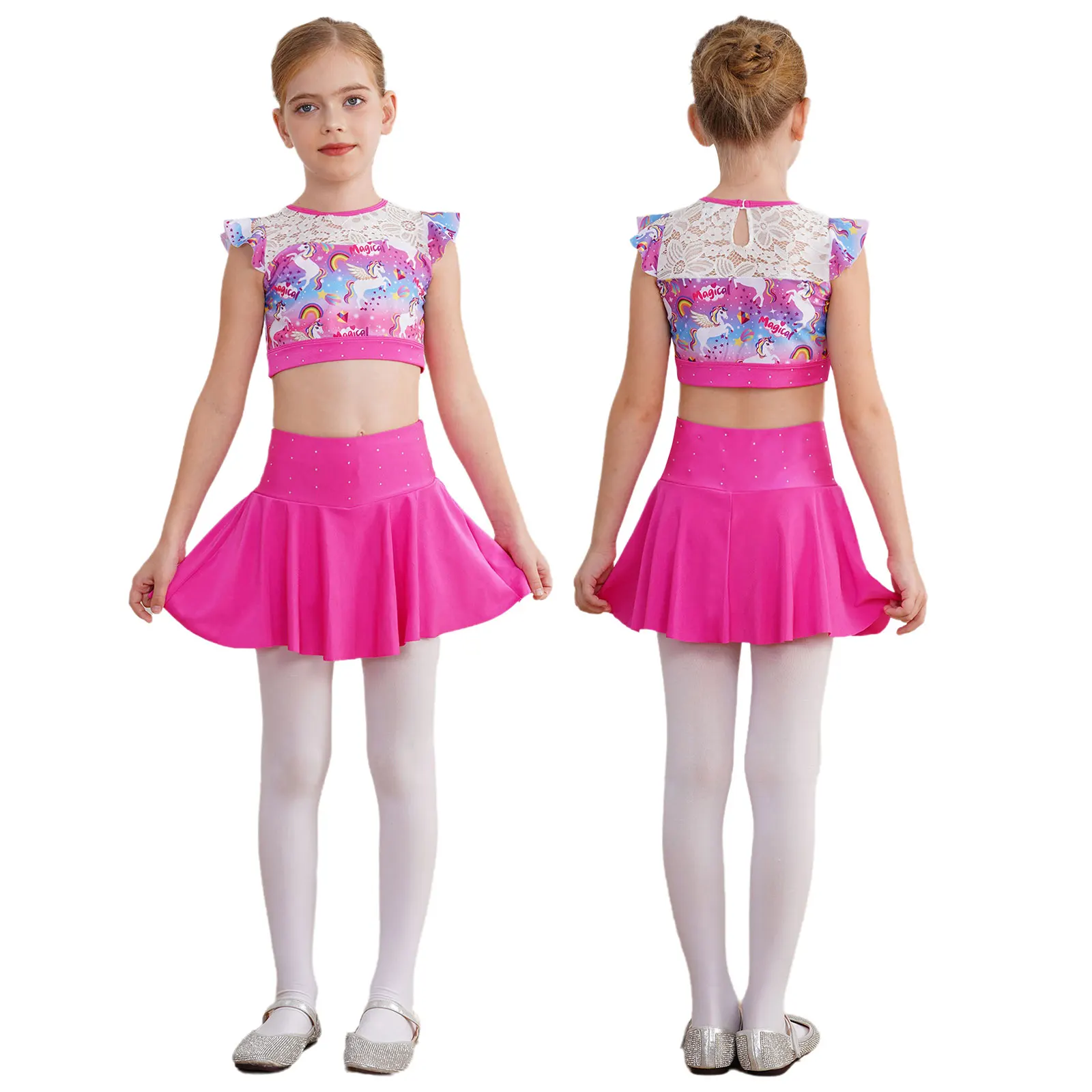 

2Pcs Kids Girls Figure Skating Performance Costume Hollow Lace Sport Top with Shiny Diamond Skirted Shorts Gymnastic Sportswear