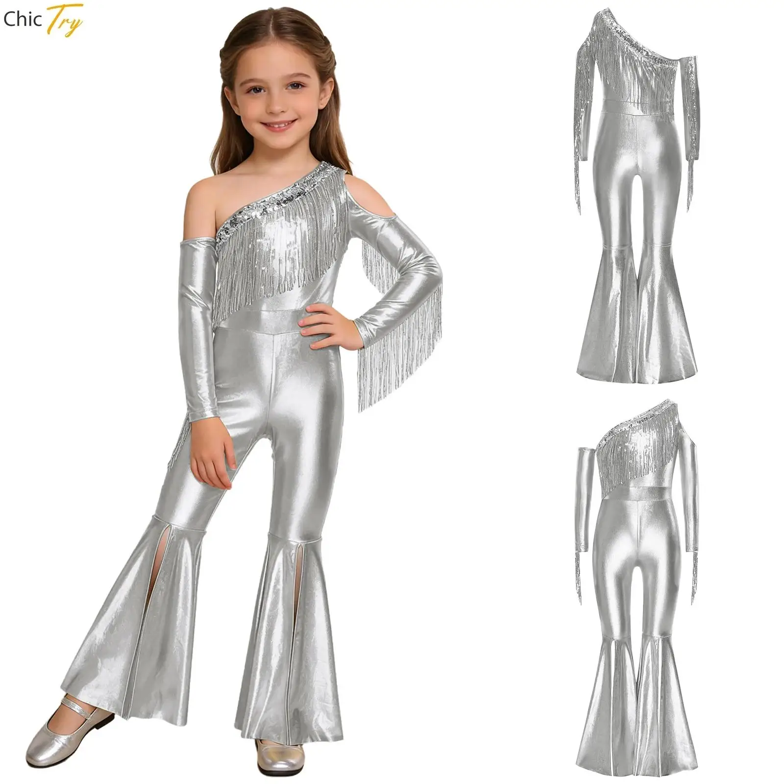 

Детский костюм для танцев в стиле джаз и хип-хоп для девочек, металлический блестящий комбинезон для вечеринок и выступлений, с пайетками, бахромой и разрезами, расклешенные штанины