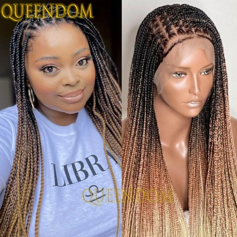 

Synthetic Ombre Blonde Braids Wig 360 Full Lace Distressed Box Braid Black Women Wig 32 Inch Knotless Cornrow Plaits Braided Wig