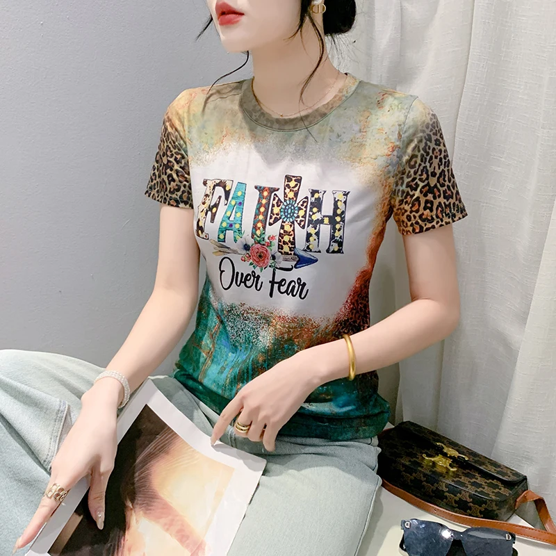 MadBlack European Clothes Tshirts Women Sexy Round Collar Position Letter Print Slim Mesh Tops Short Sleeve Tee Summer T44919JC